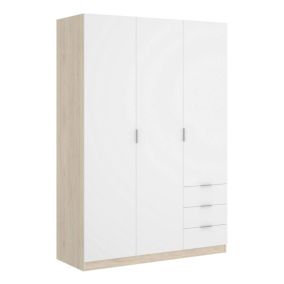 Armoire Cimone, Cintre pour chambre à coucher, Armoire avec 3 portes battantes et 3 tiroirs, 121x52h184 cm, Blanc et Chêne