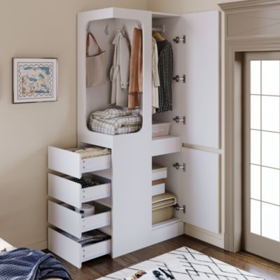 Armoire compacte avec quatre tiroirs et espace ouvert pour vêtements - Penderie intégrée, Bois de pin et MDF, Blanc 70x40x170 cm