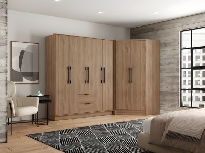 Armoire d'angle 8 portes et 2 tiroirs - L263 cm - Coloris : Naturel - FEOVA
