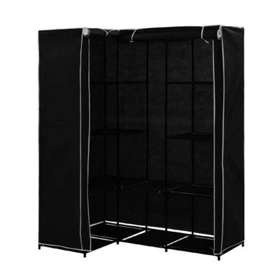 Armoire d angle avec housse, organisateur de rangement pour vetements en tissu coloris noir - Longueur 85-128 x P 45 x H 170 cm