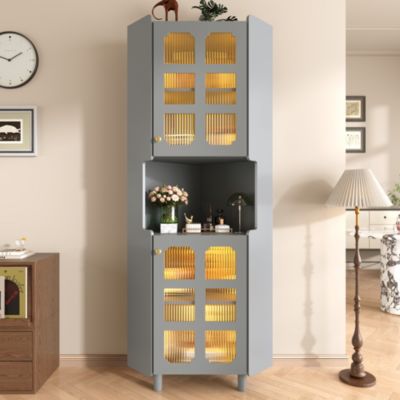 Armoire d'Angle - Meuble de Rangement avec Éclairage LED et Contrôle par Application - MDF Laqué - Gris