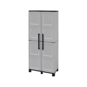 Armoire d'extérieur Verviers, Armoire de balcon polyvalente à 2 portes, 68x37h169 cm, Gris clair et noir, Finition damier