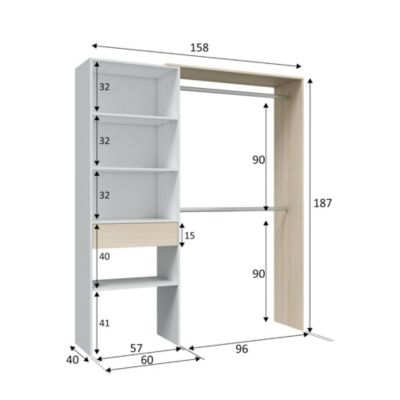 Armoire Dalala, Structure pour dressing, Armoire ouverte sans portes, Dressing, 158x40h187 cm, Blanc et Chêne