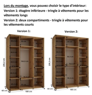 Armoire Davos 1 a portes coulissantes H. 235,2 x L. 180 x P. 60 3 portes