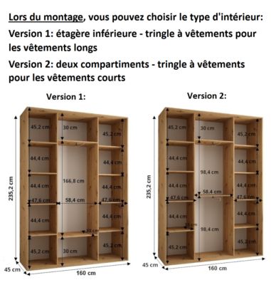Armoire Davos 7 a portes coulissantes H. 235,2 x L. 160 x P. 45 3 portes