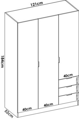 Armoire Dbarro, Cintre pour chambre à coucher, Armoire avec 3 portes battantes et 3 tiroirs, 121x52h184 cm, Blanc