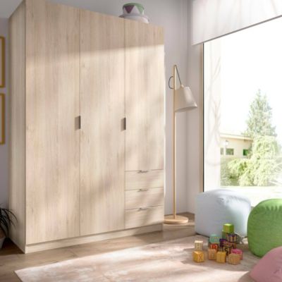 Armoire Dbarro, Cintre pour chambre à coucher, Armoire avec 3 portes battantes et 3 tiroirs, 121x52h184 cm, Chêne