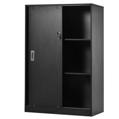 Armoire de bureau 2 portes coulissantes verrouillables dim. 80L x 40l x 120H cm 2 étagères panneaux particules noir