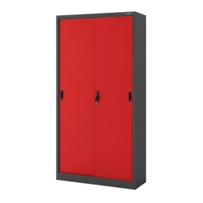 Armoire de bureau en métal à portes coulissantes, anthracite et rouge : KUBA 900 x 1850 x 400 mm