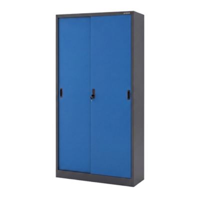 Armoire de bureau en métal à portes coulissantes, bleu anthracite : KUBA 900 x 1850 x 400 mm