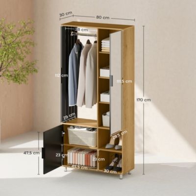 Armoire de chambre penderie dressing miroir design 2 portes, 4 étagères, 2 niches, tringle