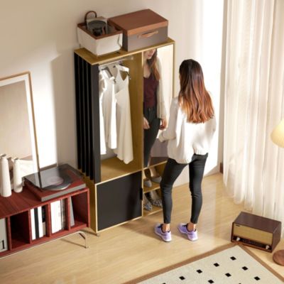 Armoire de chambre penderie dressing miroir design 2 portes, 4 étagères, 2 niches, tringle