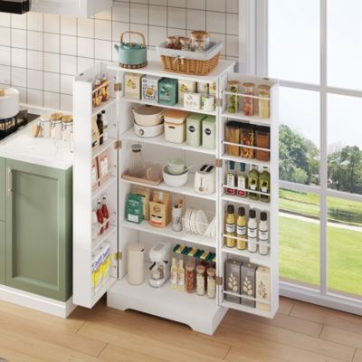 Armoire de cuisine multifonctionnelle,60x35x128cm,blanc,éclairage LED à capteur,étagères réglables,double porte,anti-basculement