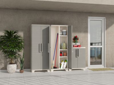 Armoire de garage basse grise en polypropylène l.68 x H.90 x P.39 cm Keter Linea Wood