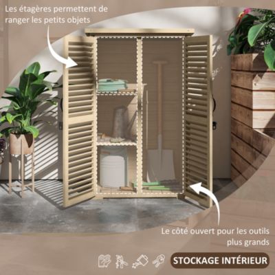 Armoire de jardin abri de jardin 2 portes persiennes 2 étagères toit bitumé bois sapin pré-huilé