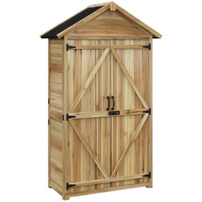 Abri De Jardin En Bois Sapin 91x66x150 Cm – Avec 3 étagères, 5 Crochets Et Porte Verrouillable – Stockage Outil Extérieur - 6