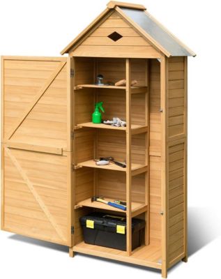 Armoire de Jardin Bois 2 Portes Verrouillables, 4 Etagères, Toit Pente Galvanisé, Trou de Ventilation