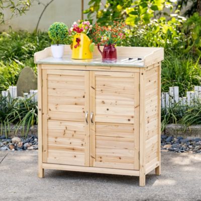Armoire de Jardin - Meuble de Rangement avec 2 Compartiments et Plan de Travail, 83x40x92 cm, Bois Naturel