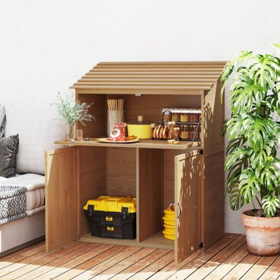 Armoire de Jardin - Meuble en Bois avec Doppeltüren et Toit Pult, Grand Espace Rangement Outils, 110x54x136 cm, Naturel