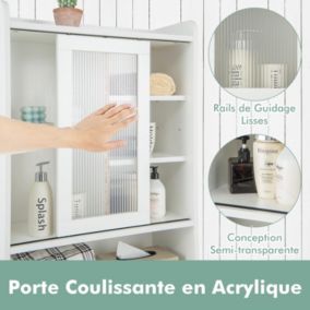 Armoire de Rangement Au-Dessus Toilettes Porte Coulissante Etagere Reglables Meuble WC Autoportant Cadre en Metal Blanc