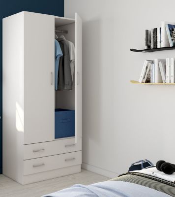 Armoire de rangement blanche avec 1 penderie, 2 portes et 2 tiroirs l.82 x H.184,1 x P.46 cm