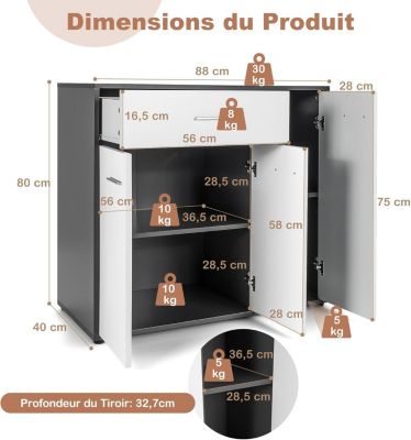 Armoire de Rangement Casier Meuble de Rangement avec 3 Portes et Tiroir pour Salon