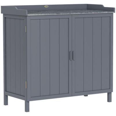Armoire de rangement de jardin sur pied table de rempotage 2 en 1 double porte avec étagère bois sapin gris