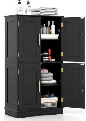 Armoire de Rangement de Salle de Bain, Armoire sur Sol avec 4 Portes, 2 Étagères Réglables et Détachables,60 x 30 x 110 CM (Noir)