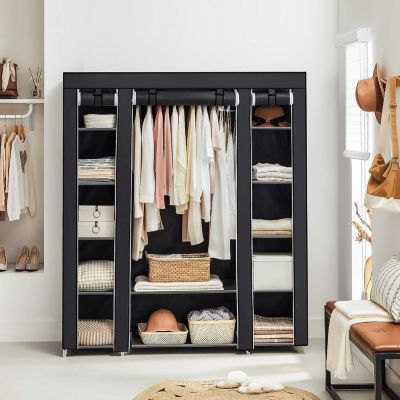 Armoire de Rangement en Tissu Noir +  Housse -  Penderie Métallique 12 Compartiments Dressing Chambre