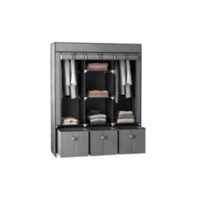 Armoire de Rangement Penderie en Tissu Gris Pliable + 5 Etagères + 3 Tiroirs et 2 Barres de Suspension Chambre Dressing