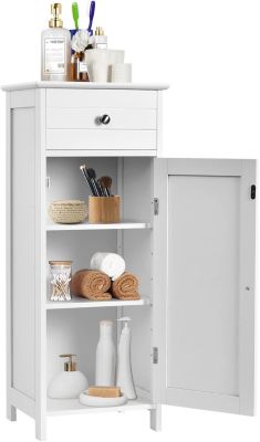 Armoire de Rangement pour Salle de Bain Meuble de Toilette sur Pied en MDF avec Tiroir et 2 Etagere Reglable a Hauteurs