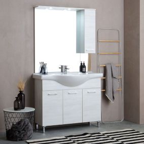 Armoire de salle de bain 105cm 3 portes chêne blanc, miroir avec unité murale rimini