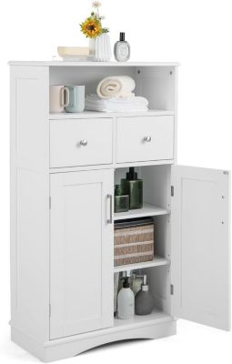Armoire de Salle de Bain avec Etagere Reglable Meuble de Rangement sur Pieds avec Tiroirs et Portes Blanc