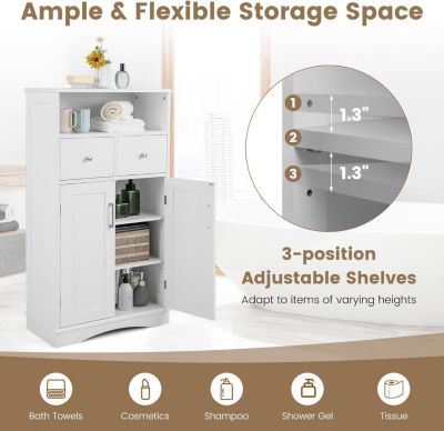Armoire de Salle de Bain avec Etagere Reglable Meuble de Rangement sur Pieds avec Tiroirs et Portes Blanc
