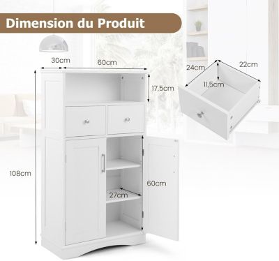 Armoire de Salle de Bain avec Etagere Reglable Meuble de Rangement sur Pieds avec Tiroirs et Portes Blanc