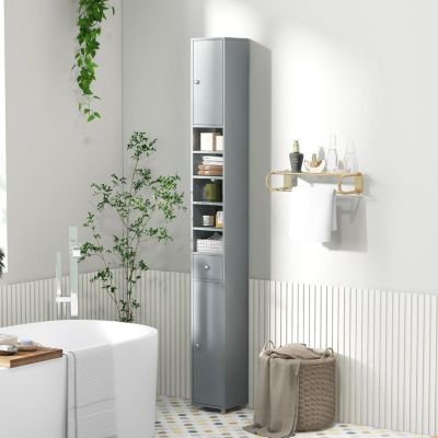 Armoire de Salle de Bain Haut avec 2 Portes 1 Tiroir 5 Etageres Reglables Dispositif Anti-basculement Meuble Colonne Rangement