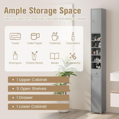 Armoire de Salle de Bain Haut avec 2 Portes 1 Tiroir 5 Etageres Reglables Dispositif Anti-basculement Meuble Colonne Rangement