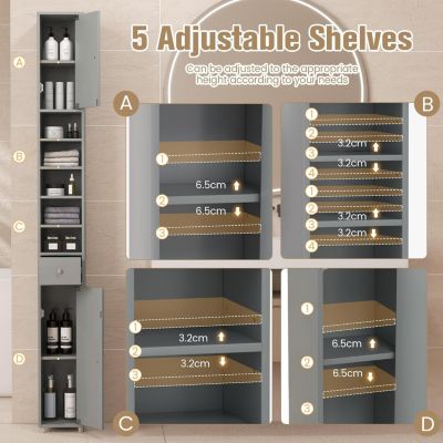 Armoire de Salle de Bain Haut avec 2 Portes 1 Tiroir 5 Etageres Reglables Dispositif Anti-basculement Meuble Colonne Rangement