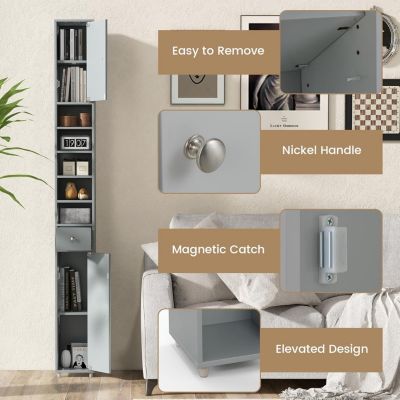 Armoire de Salle de Bain Haut avec 2 Portes 1 Tiroir 5 Etageres Reglables Dispositif Anti-basculement Meuble Colonne Rangement