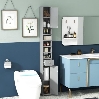 Armoire de Salle de Bain Haut avec 2 Portes 1 Tiroir 5 Etageres Reglables Dispositif Anti-basculement Meuble Colonne Rangement