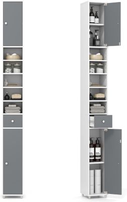 Armoire de Salle de Bain Haut, avec 2 Portes,1 Tiroir, 5 Étagères,Anti-basculement, pour Petits Espaces,20x20x180cm (Blanc+Gris)