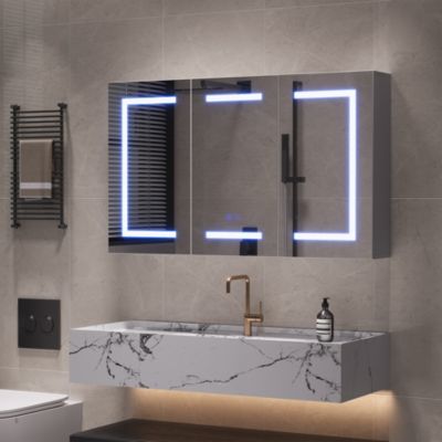 Armoire De Salle De Bain Miroir 100cm 3 Portes LED Anti Buée Et Prise UE Blanc