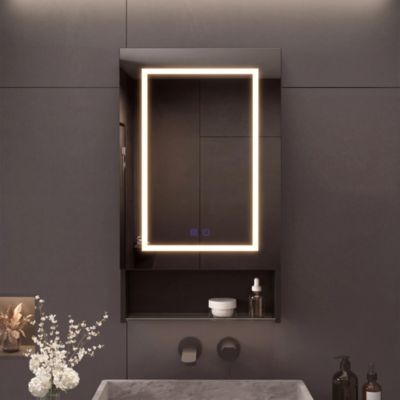 Armoire De Salle De Bain Miroir 50cm 1 Porte LED Anti Buée Avec Etagere Basse Noir