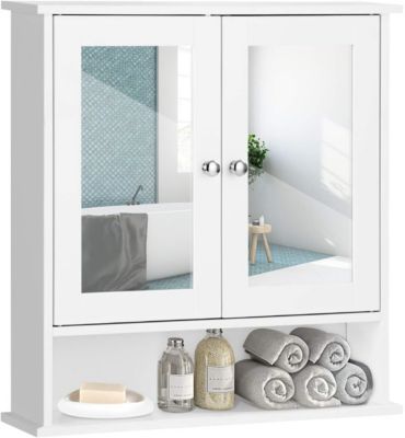 Armoire de Salle de Bain Murale avec Miroir, Armoire Suspendue avec étagère Réglable, 2 Porte&3 étagère, 56x13x58CM,Blanc