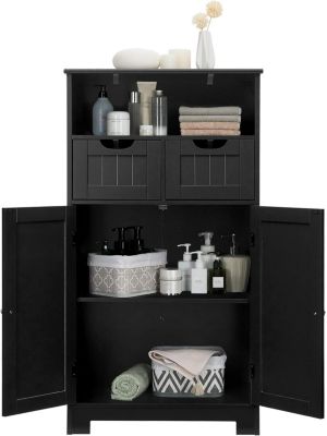 Armoire de Salle de Bain sur Pied avec Planche Mobile et 2 Tiroirs Reglables 60 X 30 X 109CM Noir