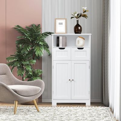 Armoire de Salle de Bain sur Pied avec Planche Mobile et 2 Tiroirs Reglables Meuble de Rangement sur Pied a 2 Portes