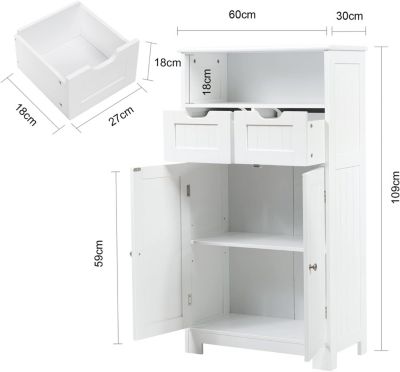 Armoire de Salle de Bain sur Pied avec Planche Mobile et 2 Tiroirs Reglables Meuble de Rangement sur Pied a 2 Portes