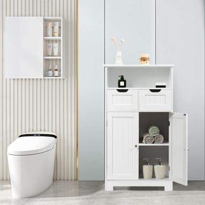 Armoire de Salle de Bain sur Pied avec Planche Mobile et 2 Tiroirs Reglables Meuble de Rangement sur Pied a 2 Portes