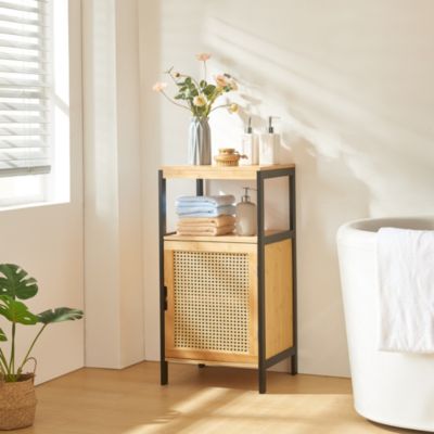 Armoire de salle de bain Tervola MDF bambou rotin 80 x 40 x 35 cm noir naturel en.casa