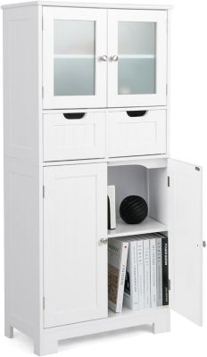 Armoire de Salle de Bains avec Porte en Verre Trempé, Meuble de Rangement sur Pied avec 2 Tiroirs et Cabinet Fermé